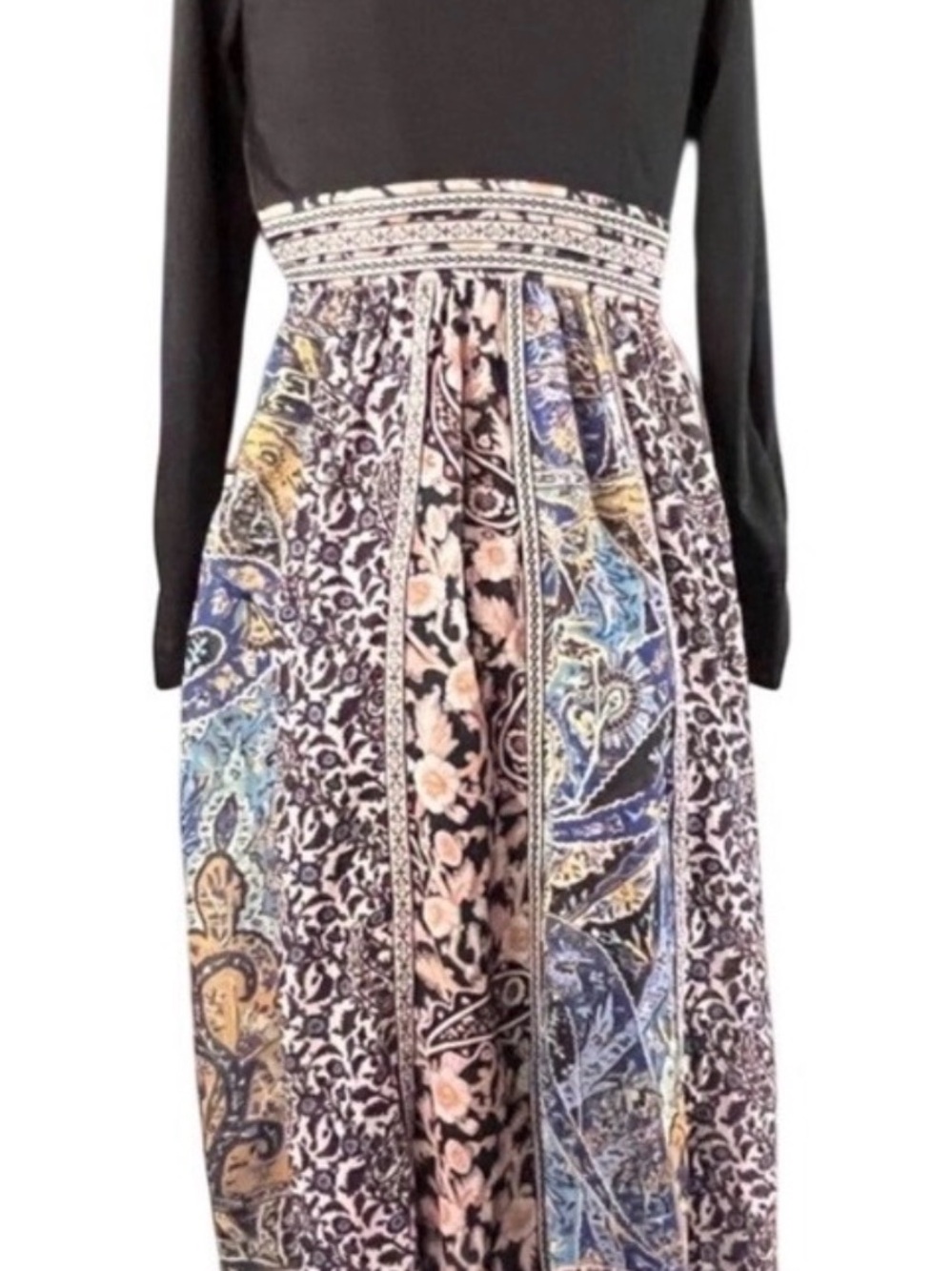 Anthropologie Black Bodice Paisley-Print Long Sleeve Boho Midi Dress - Picture 5 of 13